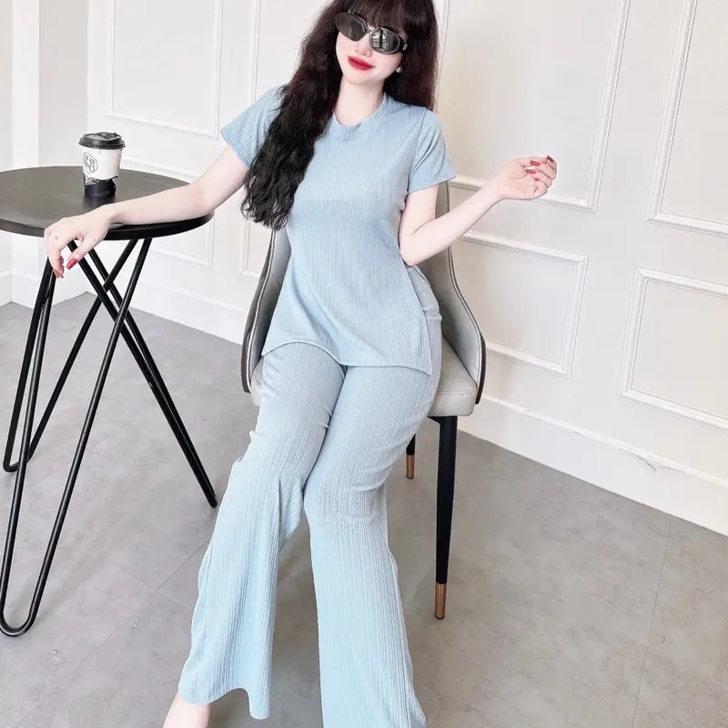 Set Thun Gân Xẻ Tà Tôn Dáng Quần Ống Suông Rộng Cho Các Nàng Mặc Nhà Xinh, Chất Vãi Thoáng Nhẹ Thoải Mái Cho Người Mặc - Linh Đan Store 1609 4