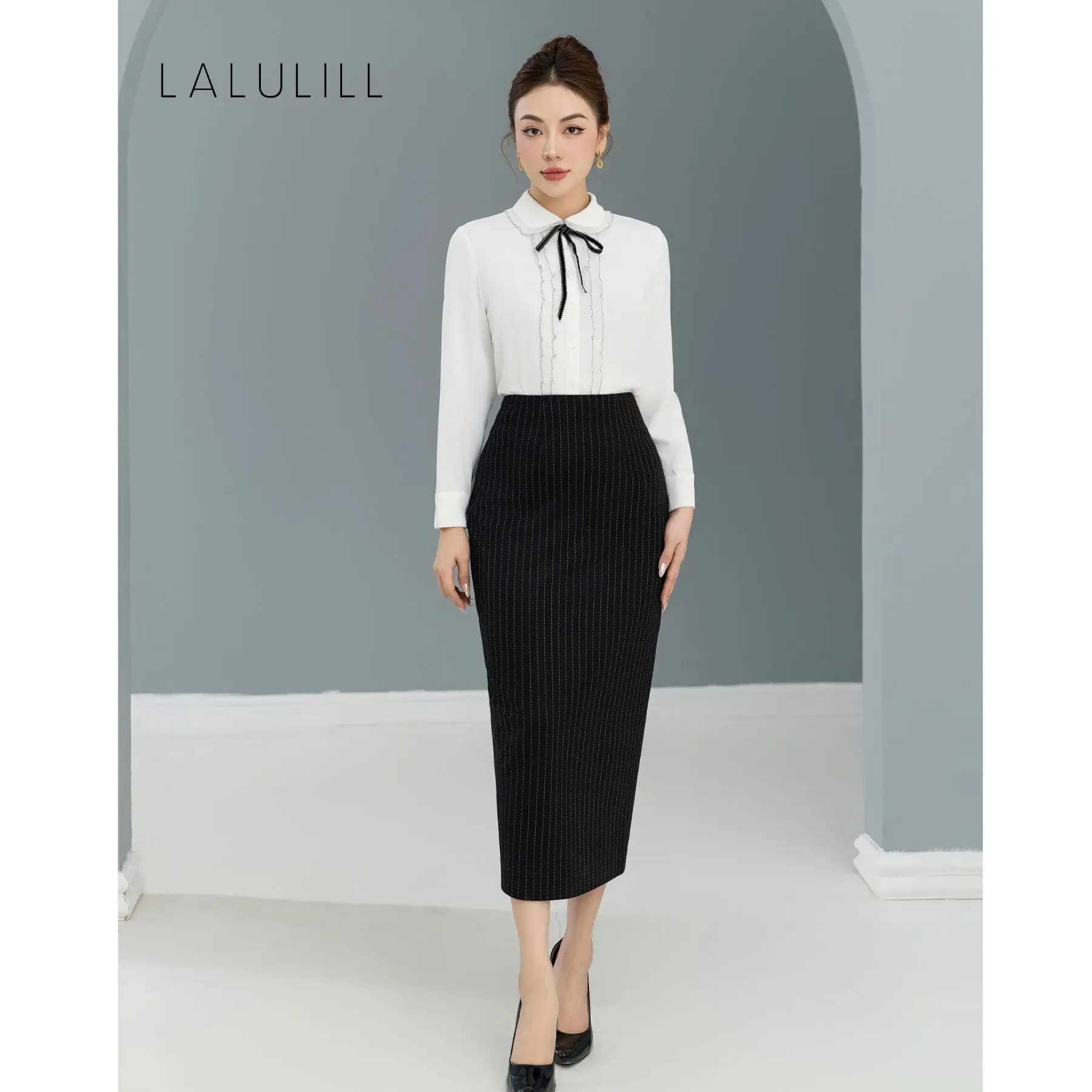 LALULILL Chân váy bút chì kẻ sọc dài 82cm - LCV2322701