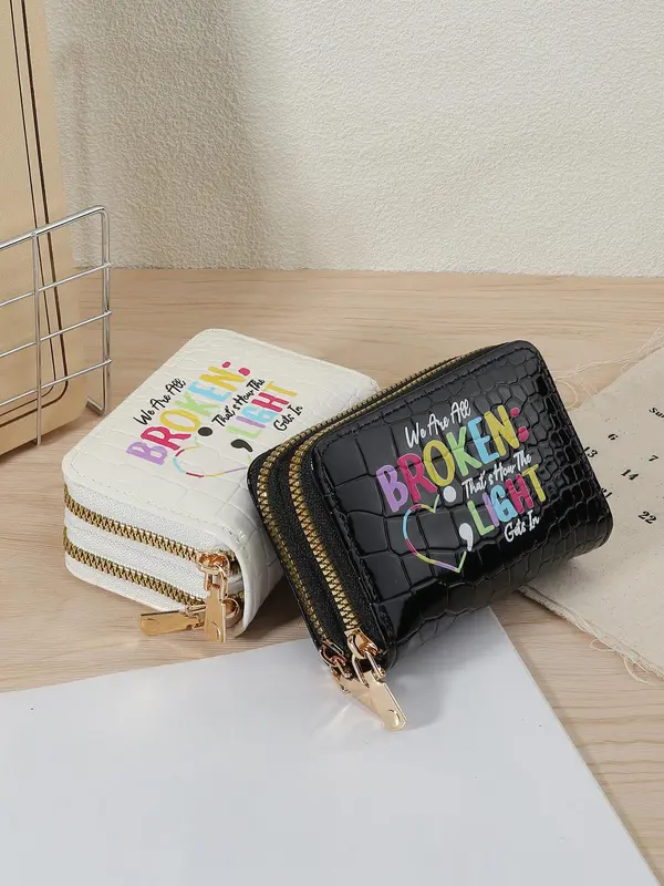 Fashion Letter Pattern Card Holder, Casual Versatile Zipper Card Holder, Simple Multi Slot Card Holder for Women & Girls 5