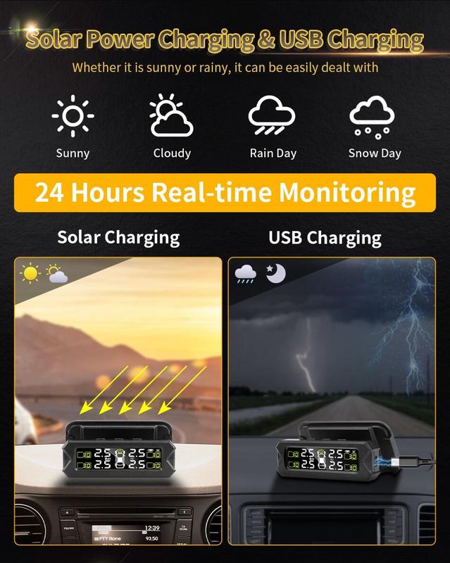 Product Introduction of 【SKIT】Car TPMS Tire Pressure Monitoring System And Time Display w/ Mounting Bracket, TPMS External Sensor, TPMS Internal Sensor, English Voice/Beep Alert,  TPMS Tyre Pressure Monitoring System, TPMS For Car Solar, Tire Pressure Gauge, Tire Pressure Sensor 5