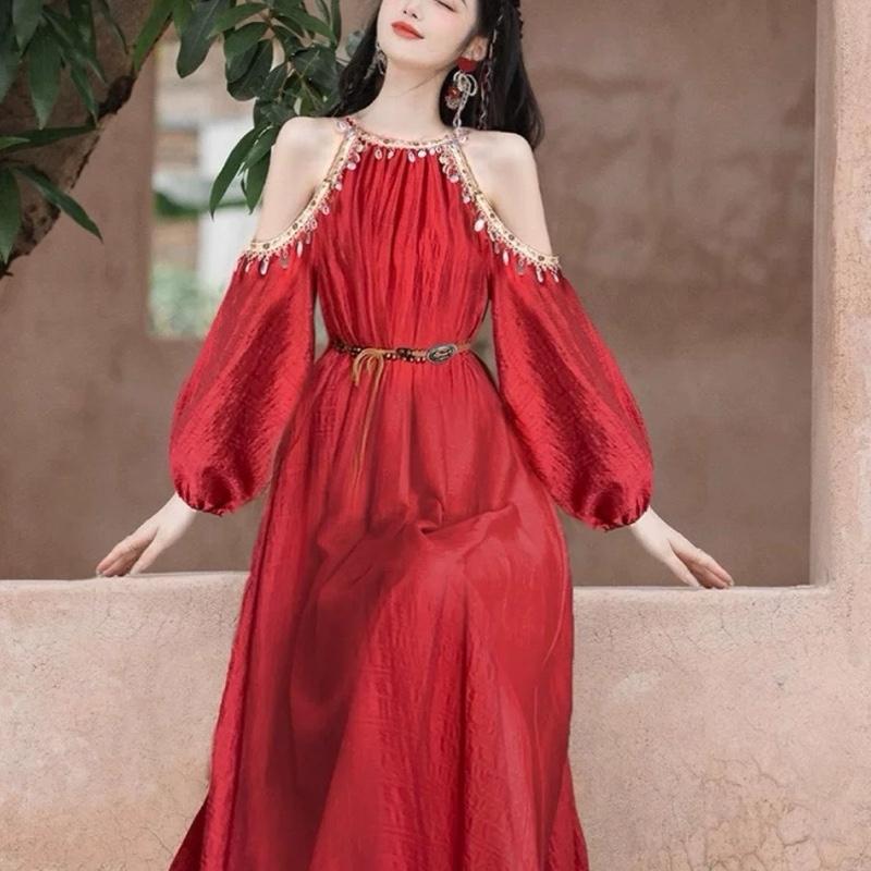 Váy Hoa Hồng Khoét Vai Đính Hạt Dành Cho Nữ Có Kèm Đai