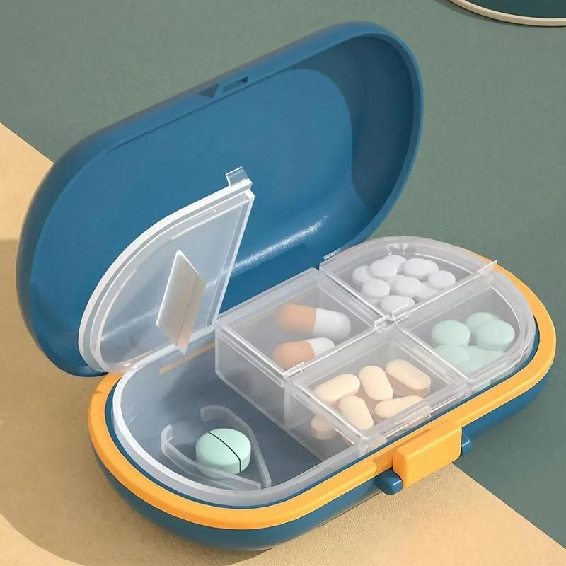 Product Introduction of Portable Travel Pill Box, 1 Count 4 Grid Pill Storage Box with Pill Cutter, Pill Organizer for Home Office Outdoor Travel 0