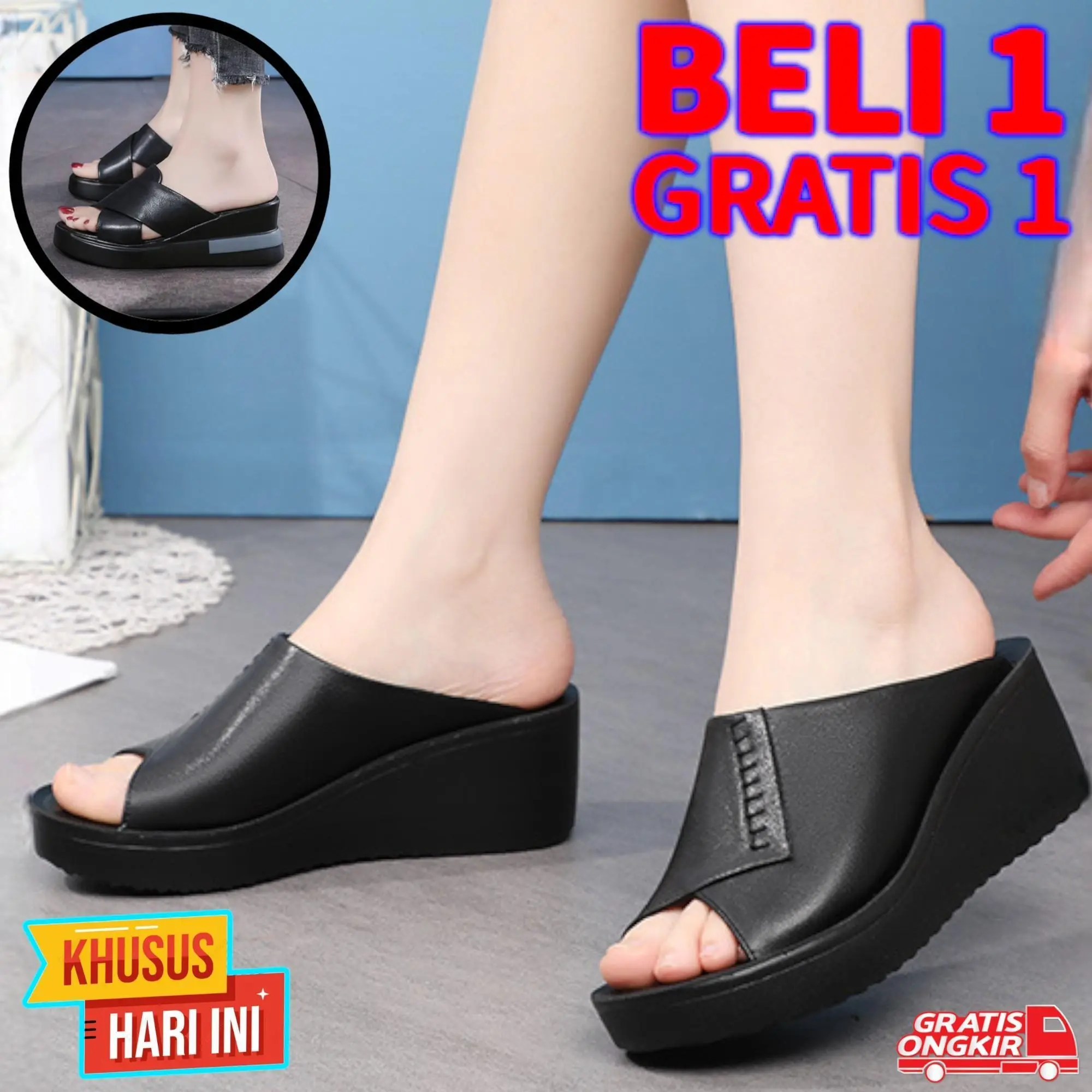 Sandal Wedges Wanita Viral Beli 1 GRATIS 1 Sendal Pesta Kondangan Cewek Dewasa Buy 1 Get 1 Free Big Size Jumbo 37-42 wedge  sandals