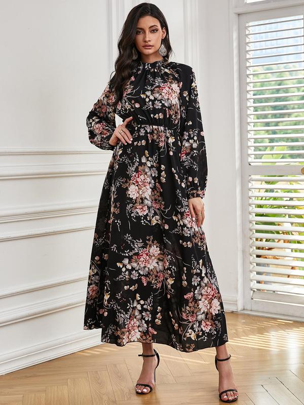Women's Floral Print Bishop Long Sleeve Mock Neck A-line Long Dress, Boho Flared Dresses, Summer Outfits 2024, Lady's Spring & Autumn Clothes 2