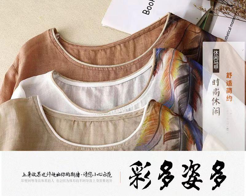 Product Introduction of Cotton and linen top retro art floral print summer New loose round neck breathable versatile thin short sleeve t-shirt 1