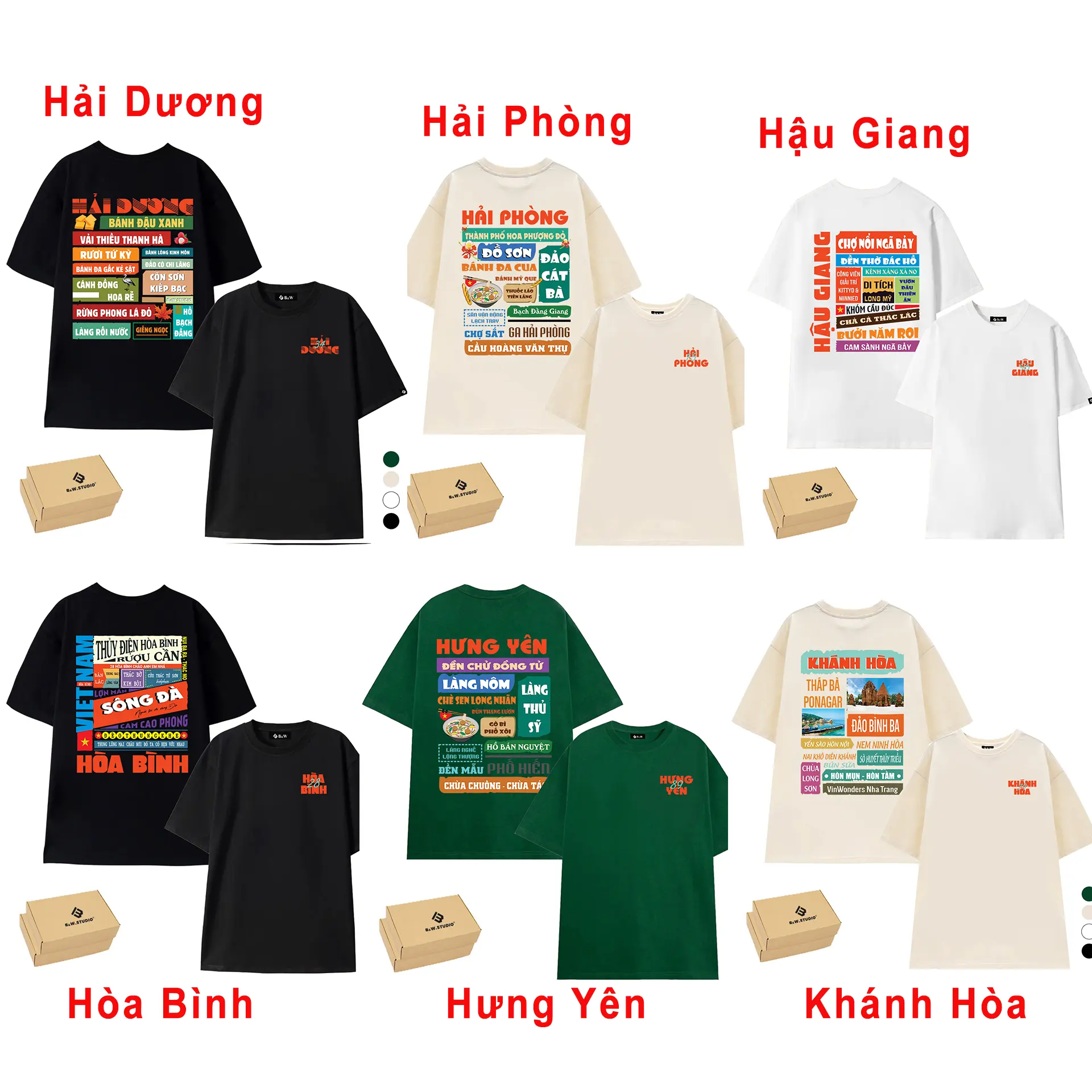 Áo 63 Tỉnh Thành Việt Nam: Hải Dương, Hải Phòng, Hậu Giang, Hòa Bình, Hưng Yên, Khánh Hòa, Áo Thun B&W Studio, Chất Liệu Cotton, Dày Dặn, Form Rộng Unisex M-2XL