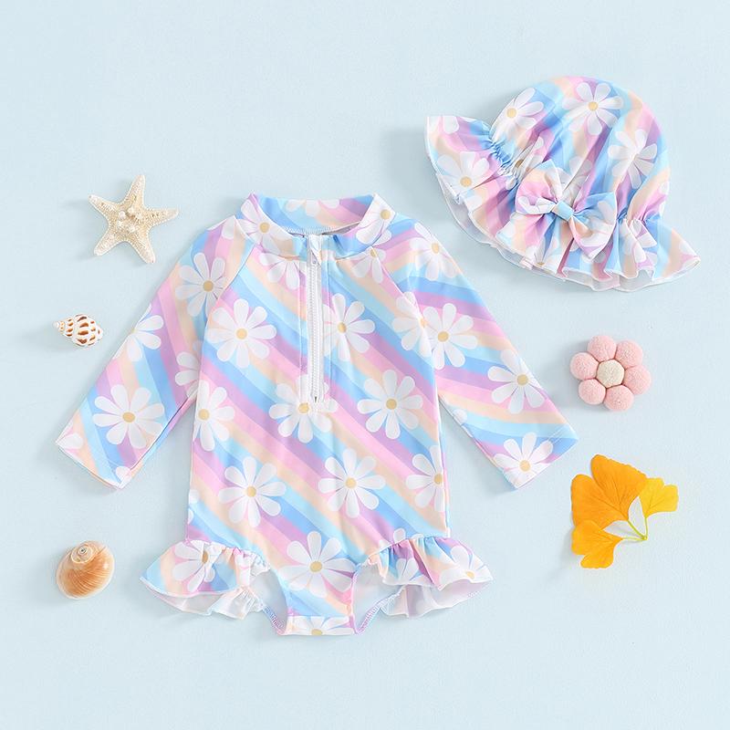 Bộ Đồ Bơi Cho Bé Gái Mới Biết Đi, Áo Khoác Có Khóa Kéo, Cổ Tròn, Dài Tay, Bảo Vệ Chống Nứt Nẻ, Áo Tắm Hoa, Có Nơ Và Mũ Chống Nắng, Thích Hợp Cho Trẻ Mới Biết Đi, Trang Phục Đồ Tắm 8