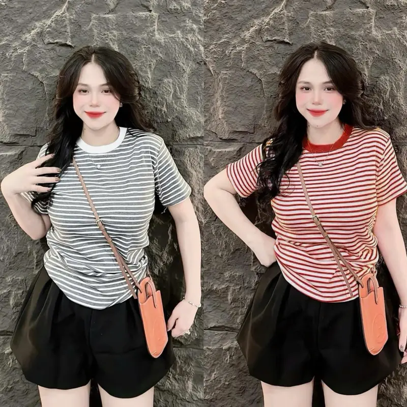 Áo thun (Bigsize 45-85kg) , CỔ tròn SỌC MS285 chất cotton mềm co dãn nhẹ có size 40-85kg Top Nữ Women