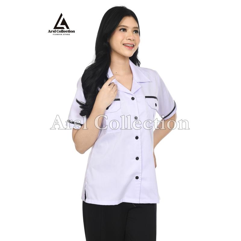 Atasan PDH Wanita – Baju Kemeja  Dinas Putih List Hitam,Polos  Formal & Nyaman 7