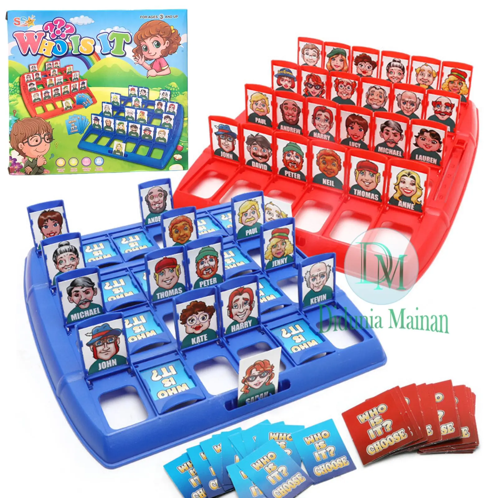 Mainan Anak Cowok Cewek Toys Board Game Tebak Kartu Gambar Orang Who Is It Merah Biru Set Hadiah