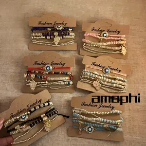 amophi Gelang Rumbai Kristal Multi-lapis Gelang Gaya Etnik Ceruk Vintage Yang Modis Dan Serbaguna C1032