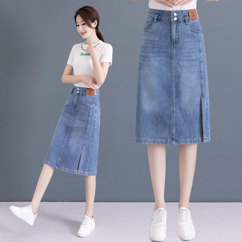 Chân Váy Denim, Dành Cho Nữ, Cạp Cao, Chân Váy Chữ A, Mỏng Và Mỏng, Dài Trung Bình Thiết Kế Xẻ Tà, Phong Cách Bodycon, Hàng Mới Về Mùa Hè 2024 6