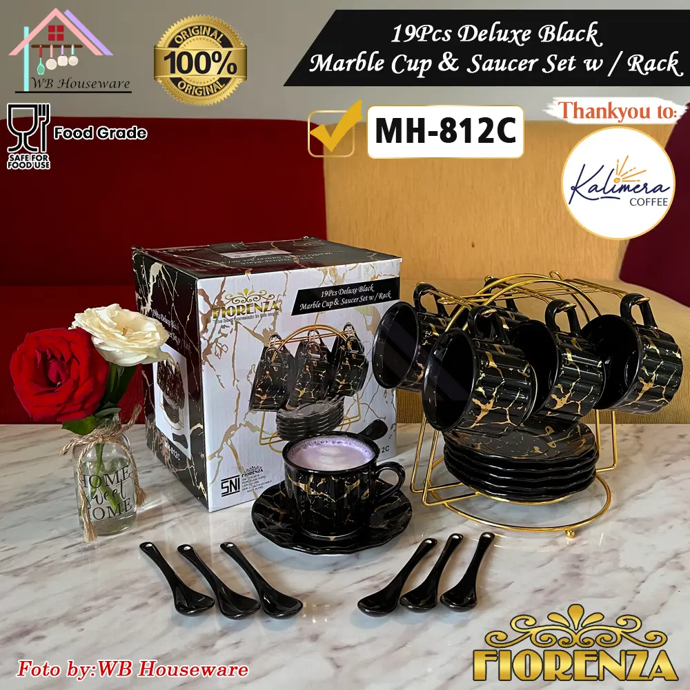 FIORENZA 6 pasang cangkir set + sendok + rak series duluxe blackmarble 220ml / tea set coffee cup and saucer ceramic with spoon MH-812C