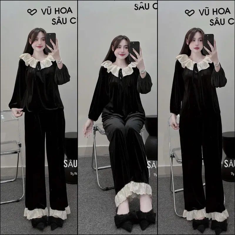 Bộ Ngủ Tiểu Thư Vải Nhung Qc Màu Trơn Phối Ren Dạ Kem, Thiết Kế Cổ Bèo Chun, có 2 màu lựa chọn(đen-đỏ), quần có túi, free size 40-63kg Women 2