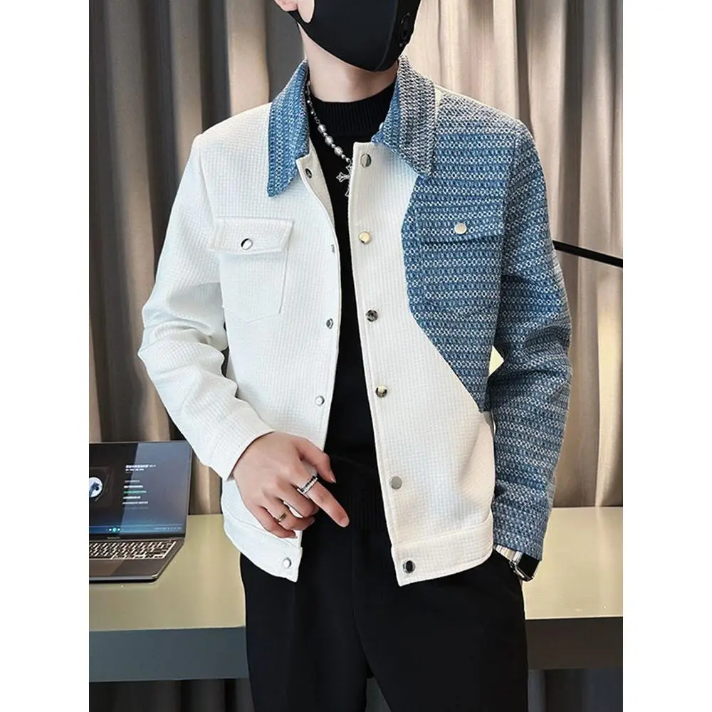 Denim Splicing Coat Men's Fashion Brand High Sense Spring and Autumn New Casual Jacket Men's Lapel Autumn Lightly Mature Top
