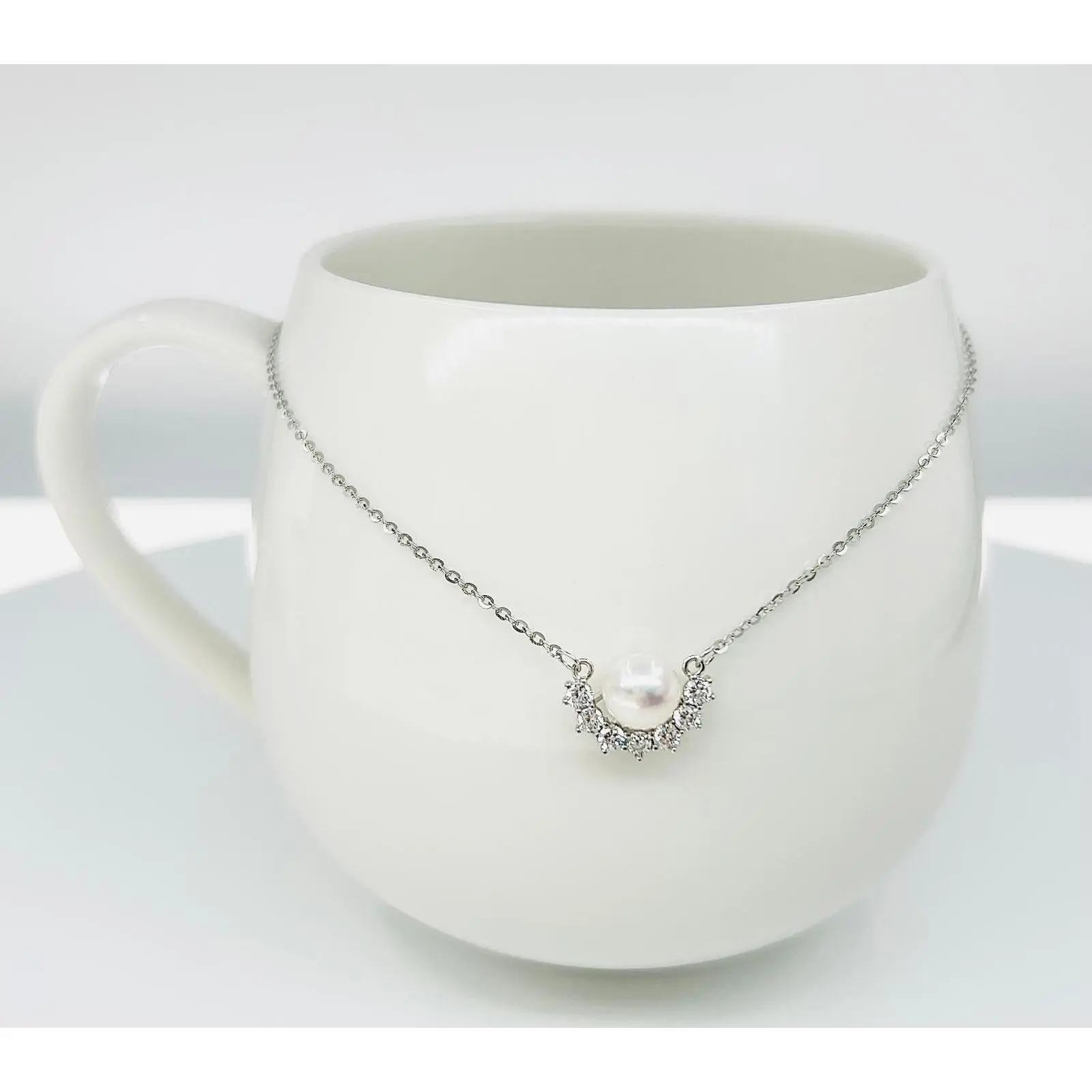 Semi Circle Freshwater White Pearl Pendant (7 -8 mm) with CZ