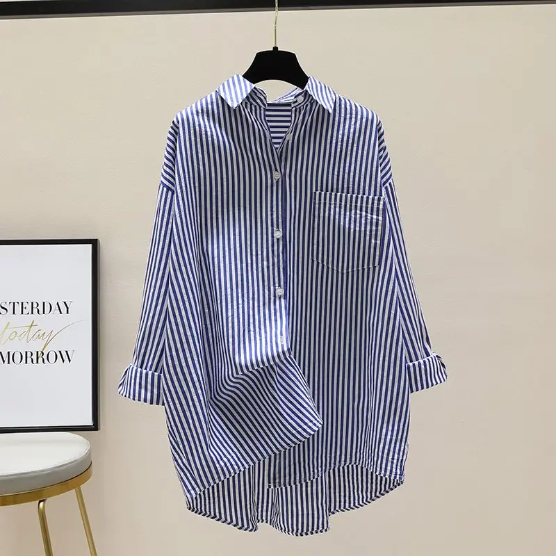 Áo sơ mi in sọc cotton nguyên chất, áo sơ mi nữ rộng rãi, dài tay, phong cách giản dị đơn giản, áo nịt dài một nửa, thích hợp cho phụ nữ, mới vào năm 2024 XL [211rx Royal xanh biển] áo cánh và áo sơ mi 0