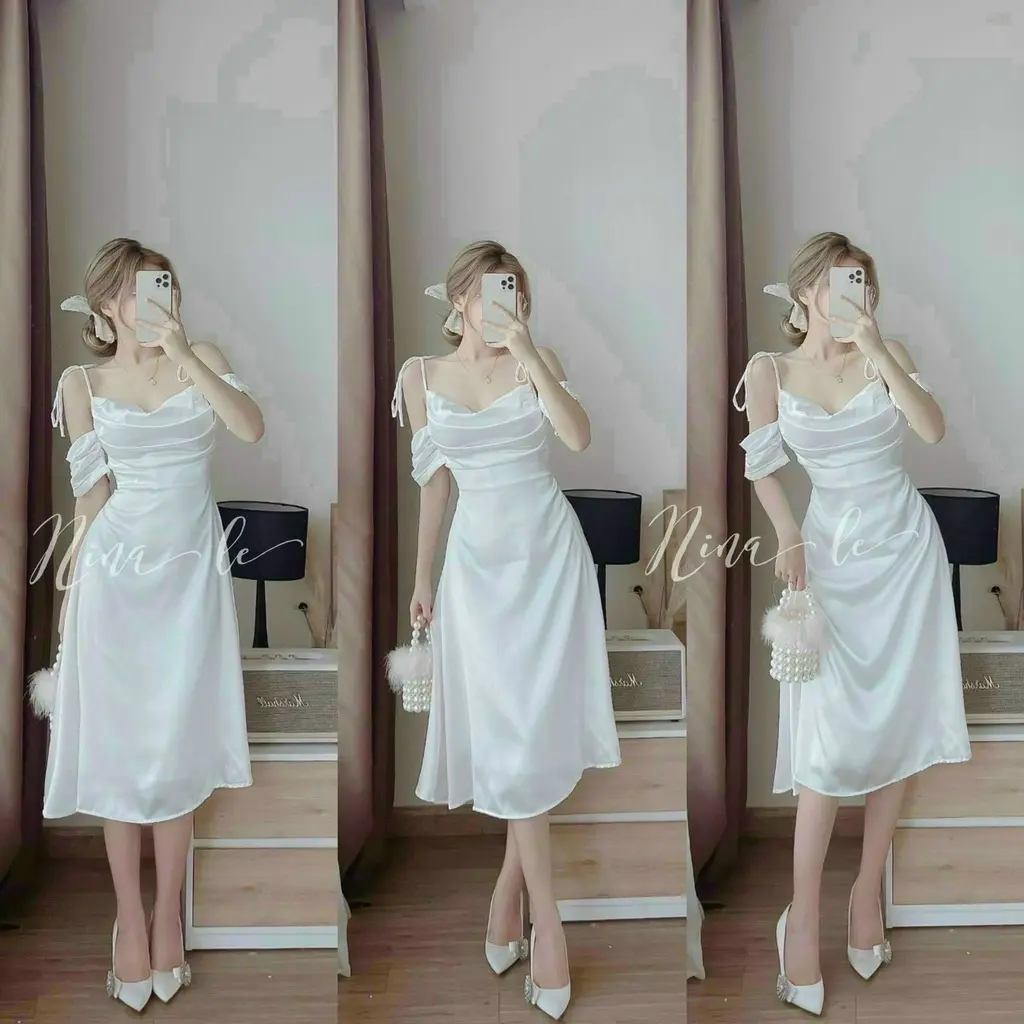 Đầm thời trang nữ mặc đi chơi chất phi lụa cổ dây khoét tay ngắn áo tạo giún váy đầm dài maxi phong cách trẻ trung