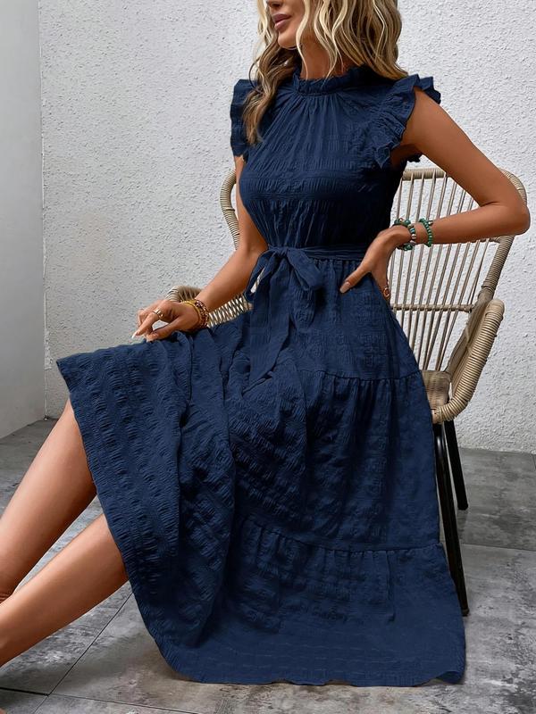 Plain Belted Ruffle Hem Frill Trim Keyhole Neckline Butterfly Sleeve Dress, Boho Cap Sleeve A Line Long Dress for Beach Holiday Vacation, Ladies Summer Clothes 6