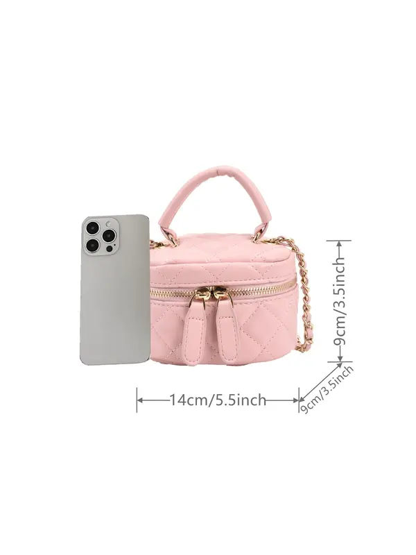 Fashion Quilted Embroidered Handbag, Plain PU Leather Zipper Crossbody Bag with Chain Strap, Bucket Bag for Work Travel 5