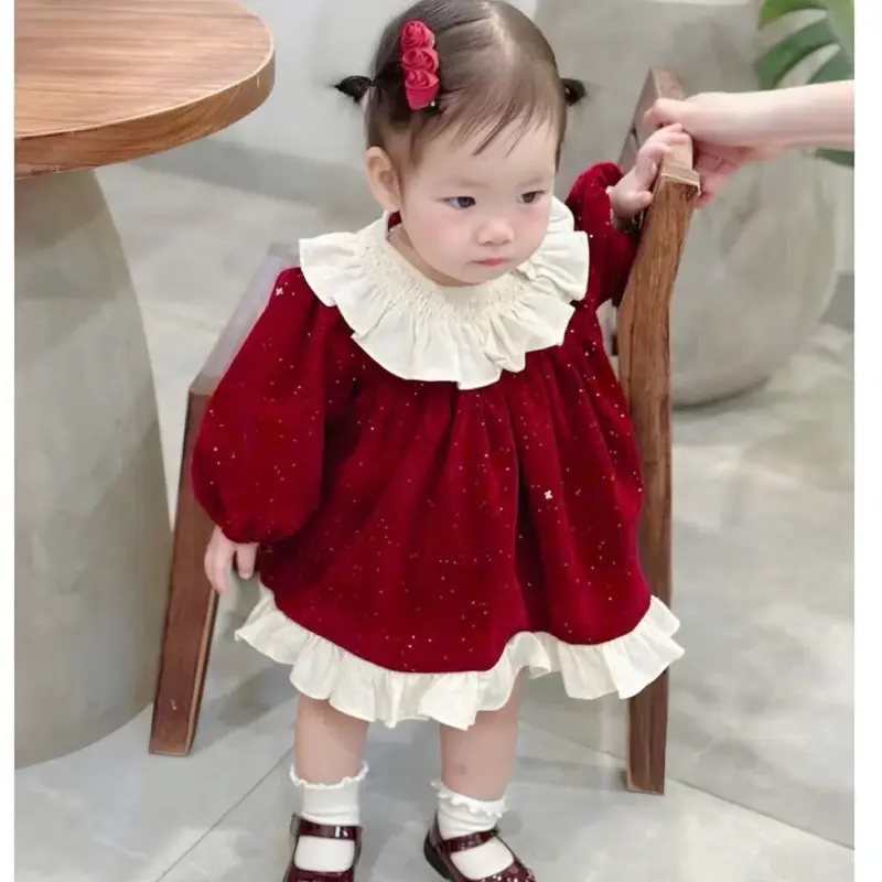(7-17kg) váy công chúa nhung kim tuyến phối bèo +tag bướm điệu đà cho bé 3