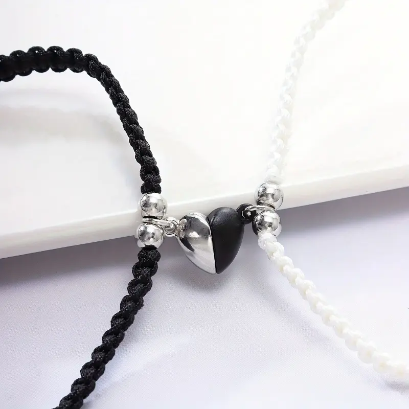 2pcs Heart-shaped Combination Couple'S Hand Woven Adjustable Bracelet Set, Valentine'S Day Gift, Friendship Bracelet, Casual Vacation Bracelet 3