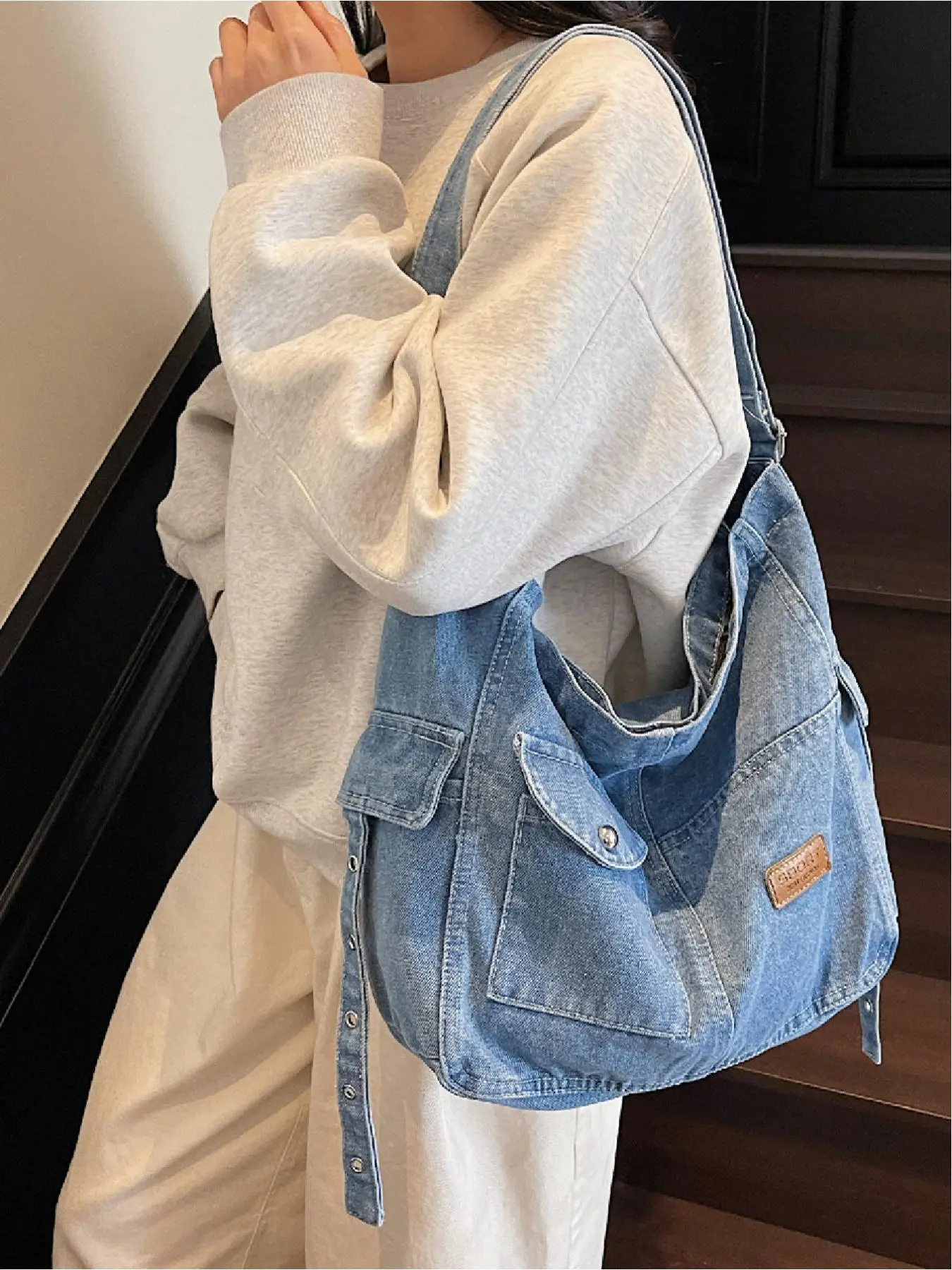 Women's Denim Shoulder Bag, Casual Large Capacity Tote Bag for Daily Used, Trendy All-match Bag for Commuters and Students