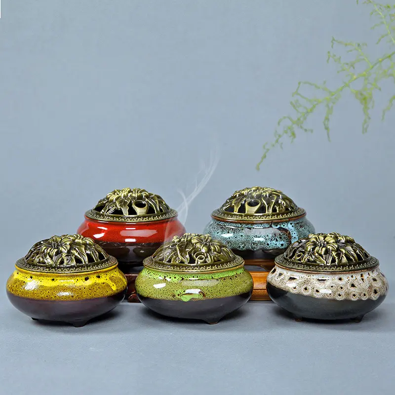 Gilding Kiln Baked Incense Burner Ceramic Antique Alloy Copper Burner 4 Hours Incense Coil Burner Sandalwood and Incense Joss-Stick Burner