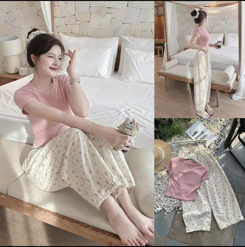 Set Bộ Áo Thun Nữ Ngắn Tay Kèm Quần Đũi Suông Hoa Nhí Nhún Viền Nữ Tính