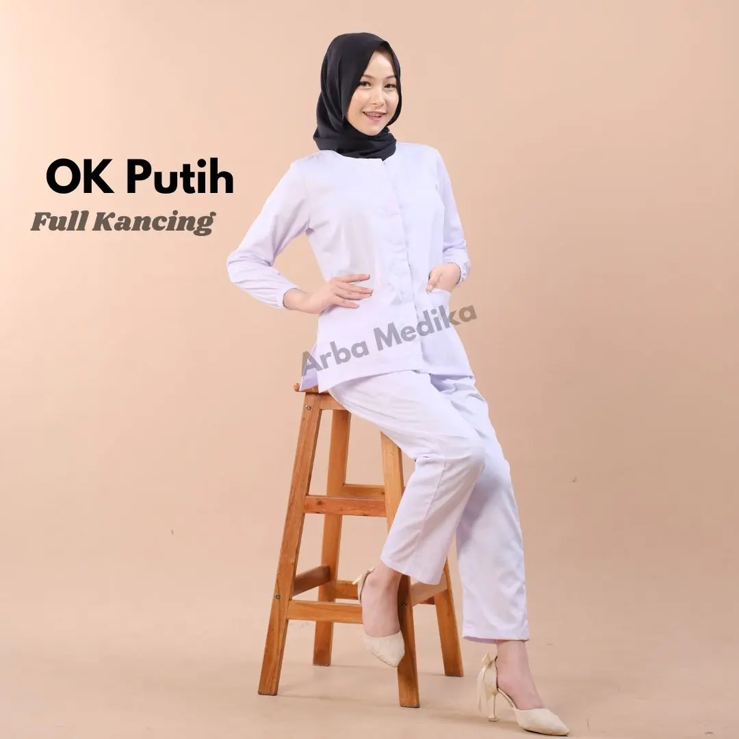 Baju Perawat Putih Full Kancing Oka Dokter Nakes Lengan Panjang Karet Bahan American Drill