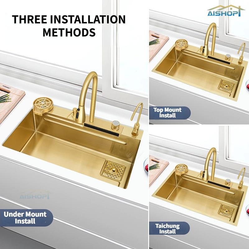 Product Introduction of [SG Seller]SUS 304 Stainless Steel Pullout Faucet Tap Gold Waterfall Kitchen Sink  Single Basin Bowl Tank Tap 4