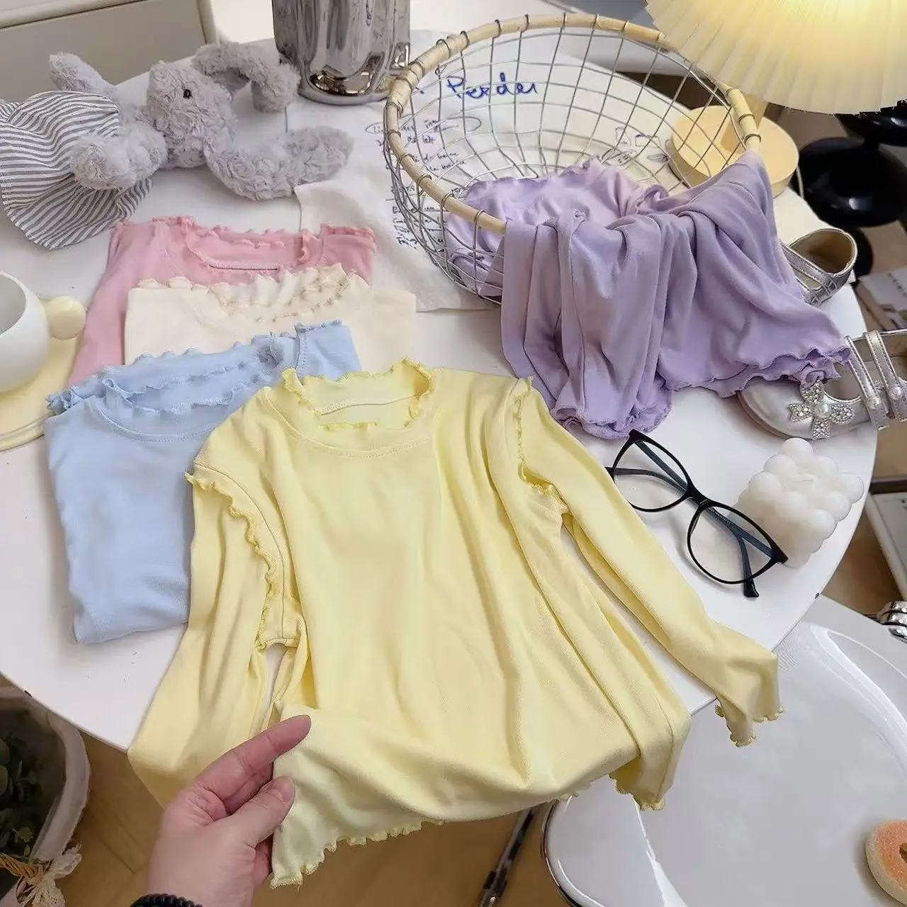 New Style Baby Girl Solid Color Top Girls Versatile Sweet Ruffled Edge Base Shirt Children's Clothing