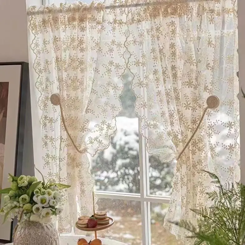Rèm Ren Rèm Voan, Kiểu Pháp Pastoral, Màu Kem, Rèm Che, Phong Cách Ins, Thích Hợp Cho Phòng Ngủ, Cửa Sổ Vịnh, Nhà Bếp Không Khoan, Rèm Nửa, Rèm Cửa