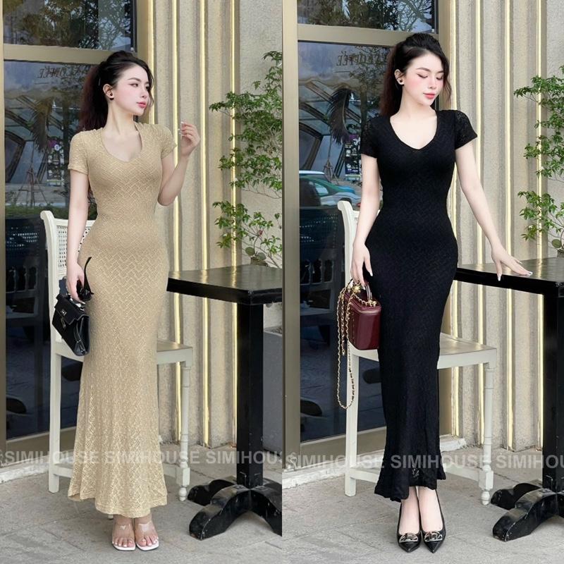 (SIMI HOUSE) Đầm body ren tay ngắn đuôi cá cổ tim / Váy body tôn dáng che khuyết điểm thiết kế đi tiệc