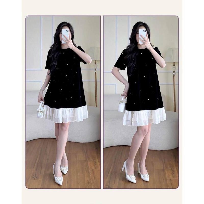 Váy bầu dáng suông đính đá phối viền sang trọng dày dặn cho bầu thoải mái dễ thương Đầm Bầu Sandal set bầu đi chơi đám cưới