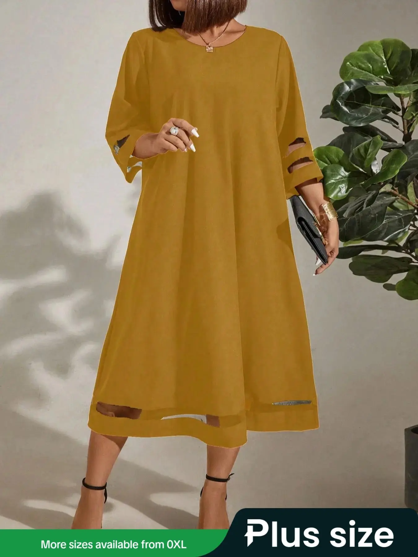 【Plus Size】 Solid Color Round Neck Dress, Plus Elegant Fashion Casual Crew Neck Dress for Daily Outdoor Wear, Women Plus Clothing for Summer