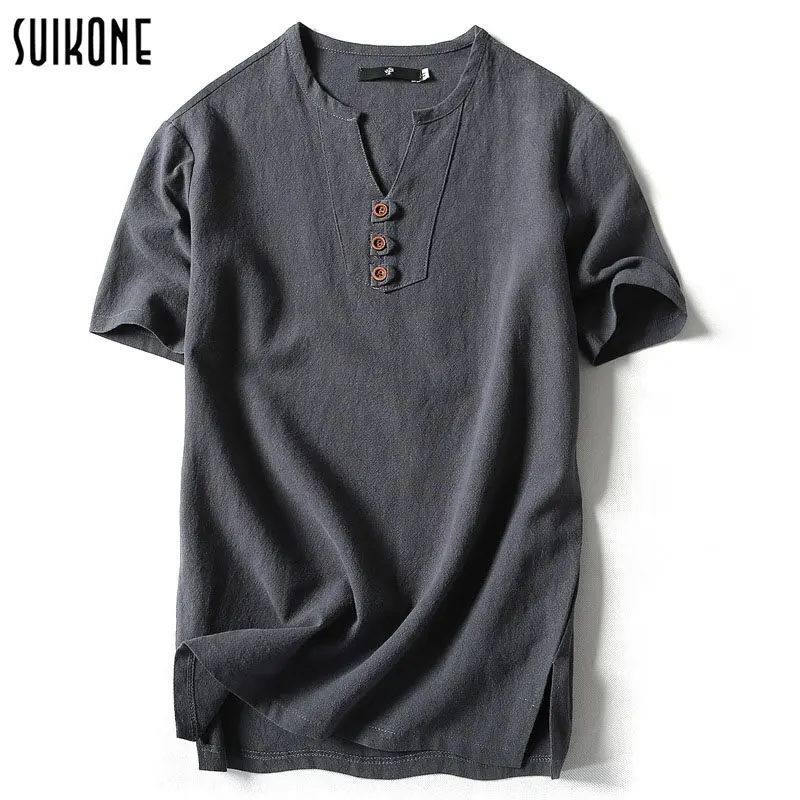 Suikone Cotton and linen breathable men's short-sleeved top Men's new linen T-shirt Republic of China Chinese style casual T-shirt summer short-sleeved loose solid color