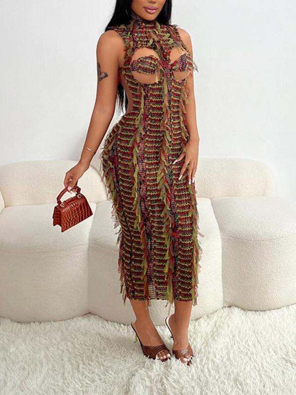 Women's All Over Print Cut Out Backless Contrast Mesh Tank Dress, Fashion Casual Ripped Mock Neck Bodycon Long Dress for Party Club Dating Wear, Ladies Dress for Summer 6