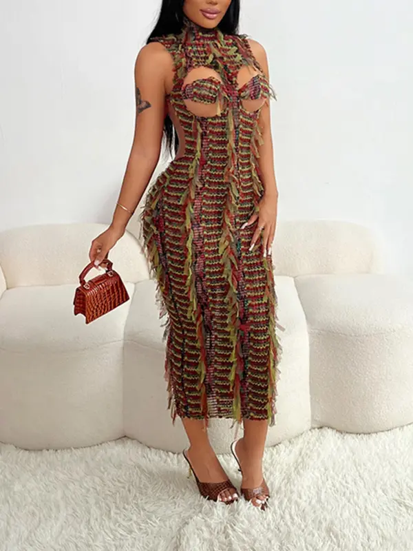 Women's All Over Print Cut Out Backless Sleeveless Contrast Mesh Tank Dress, Elegant Fashion Casual Ripped Mock Neck Bodycon Long Dress for Party Club Dating Wear, Ladies Dress for Summer 6