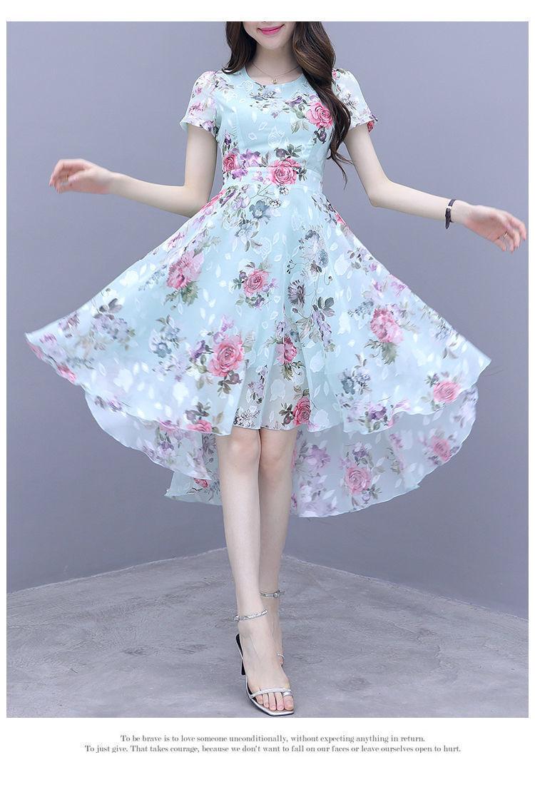 Product Introduction of Plus Size 2025 Summer Clothes New Mother's Clothes Dress Women's Short-Sleeved Tight Waist Younger Pattern Print Mid-Length Large Swing Skirt 10
