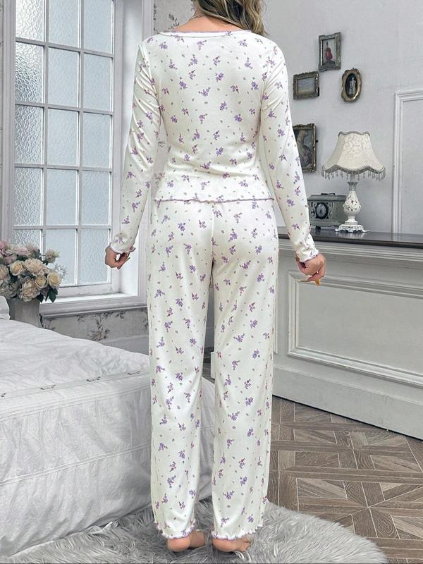 Two-piece Set Women's Ditsy Floral Print Pyjama Set, Comfort Pj Set for Homewear, Casual Comfy Long Sleeve Top & Pants Pajama Set, Women's Sleepwear for All Seasons 1