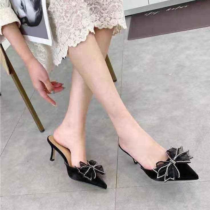 Dép Sục cao gót Nơ đá cánh tiên mũi nhọn gót nhọn 7p sang chân mã 018 sazic