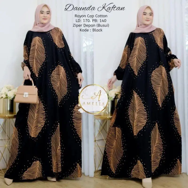 KAFTAN DAUNDA MOTIF DAUN BESAR Muslim Panjang Rayon Gamis Wanita 0