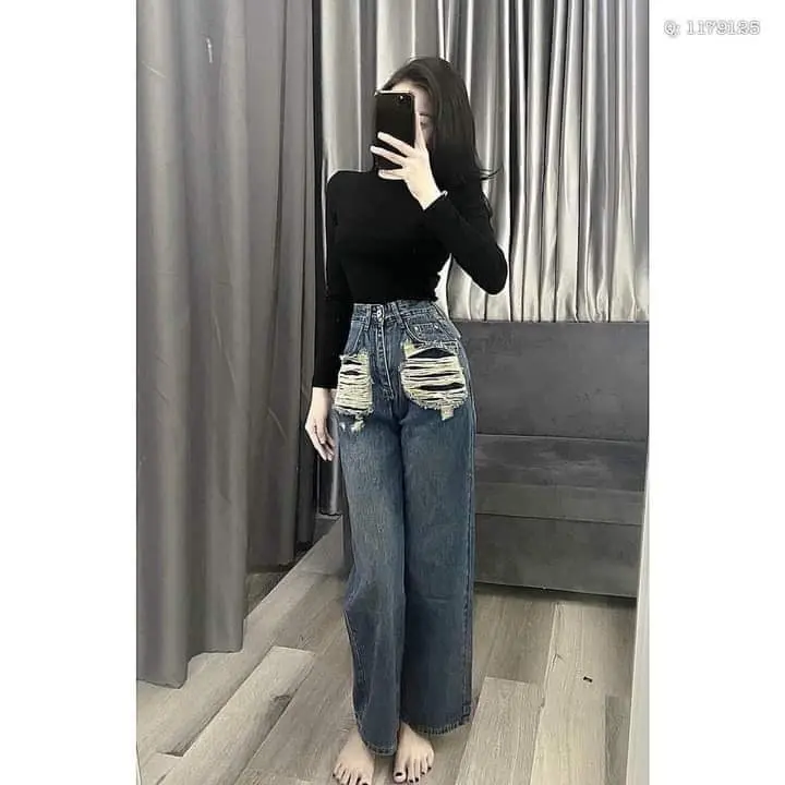 Quần jean Xuông 0549 rách túi,Quần  cạp cao chất vải bò dày mềm cao cấp không co giãn Nữ Women Pants