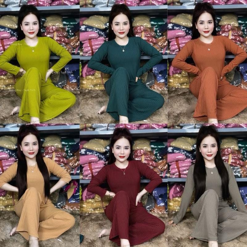 Set Bộ CỔ TRÒN TAY DÀI - QUẦN SUÔNG ,Chất liệu vải tiêu và gân đũa lạnh Đồ Bộ Nữ Top Women Size từ 38-82kg