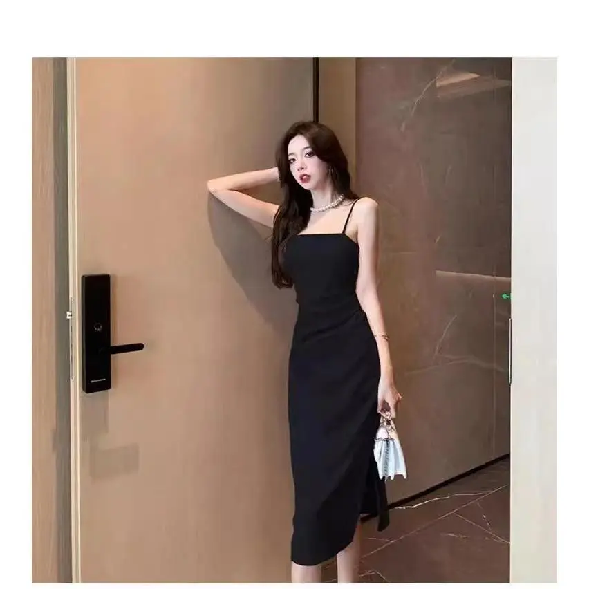 Váy Áo Yếm Không Tay Trễ Vai Phong Cách Hàn Quốc, Trang Phục Mùa Hè, Thời Trang Thường Ngày Hợp Xu hướng Gợi Cảm, Màu Trơn Váy Dài Trung Bình Thiết Kế Thu Dây Eo