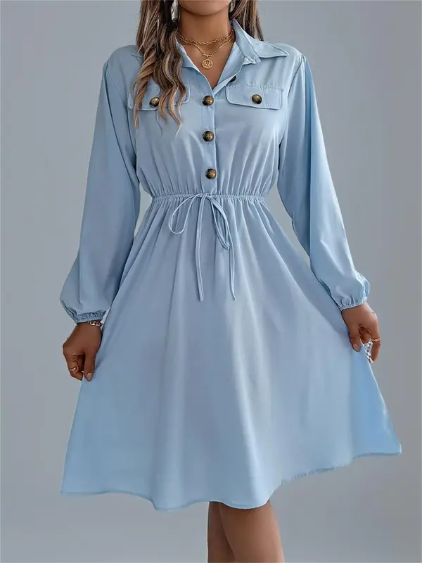 Women's Plain Flap Fake Pockets Dress, Casual Long Sleeve Collared Dress for Spring & Fall, Women's Clothing for Daily Wear 3