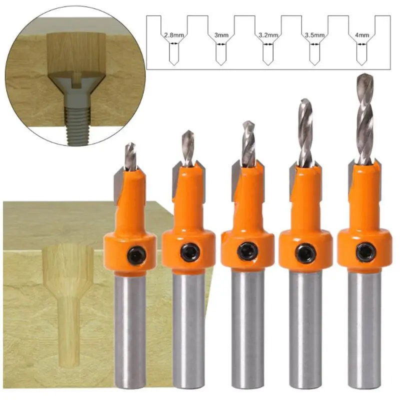 5pcs Carbide 8mm Shank Countersink Router Drill Bits Set WoodWorking