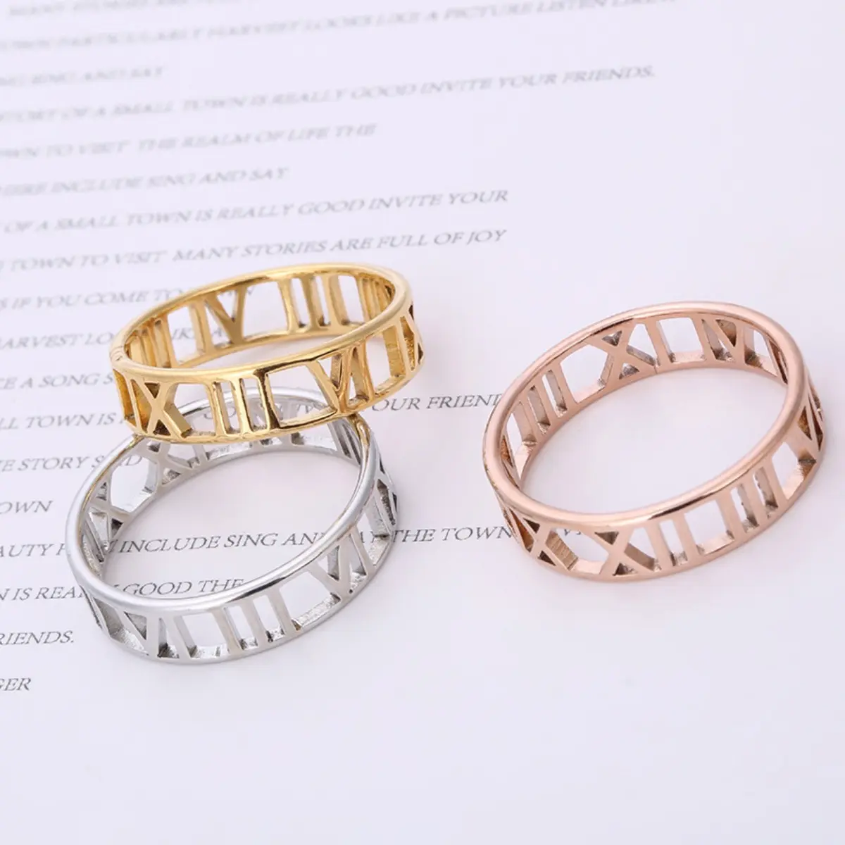 Stylish and Minimalist Stainless Steel Ring Unisex Laser Cut Roman Numeral Titanium Steel Ring Available in Three Colors