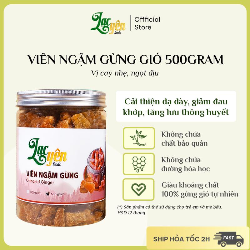 Viên Ngậm Gừng Gió Lạc Yên Foods làm từ gừng tây nguyên và đường phèn, giải cảm, hỗ trợ tiêu hóa, thông thoáng cổ họng, chố.ng buồn nôn, thành phần thiên nhiên, không chất bảo quản, không đường hóa học hay bất kỳ chất phụ gia nào